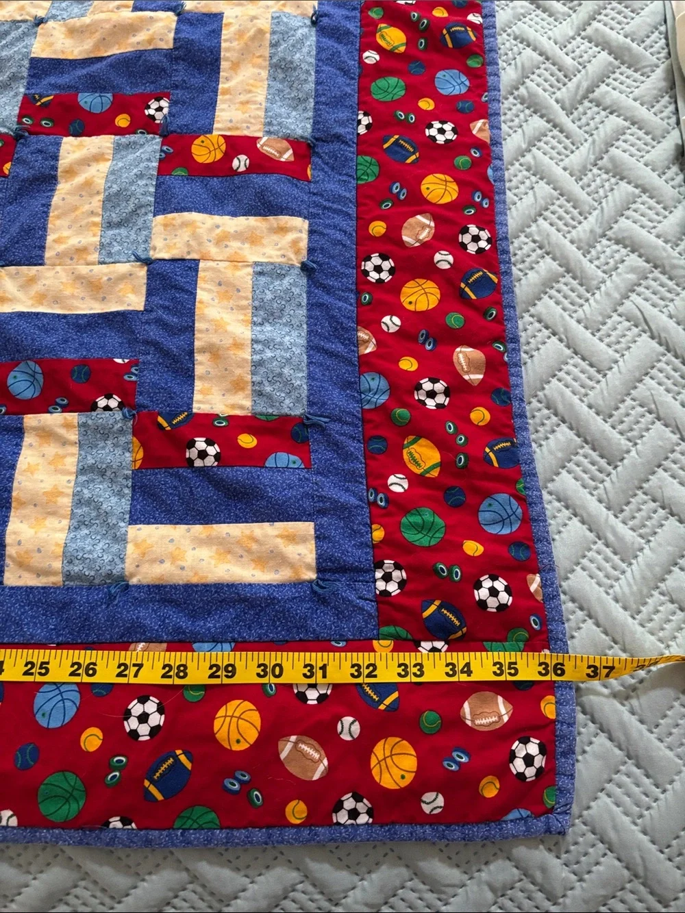 Handmade Sports Patchwork Quilt - Red, Blue, Yellow